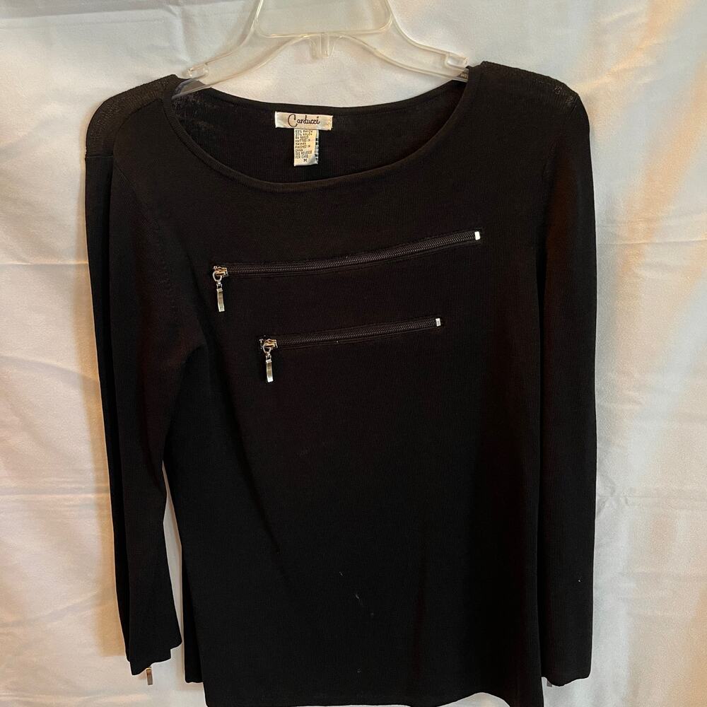 Carducci Long Sleeve Black Pullover Sweater Top Front Zipper & Sleeve Medium